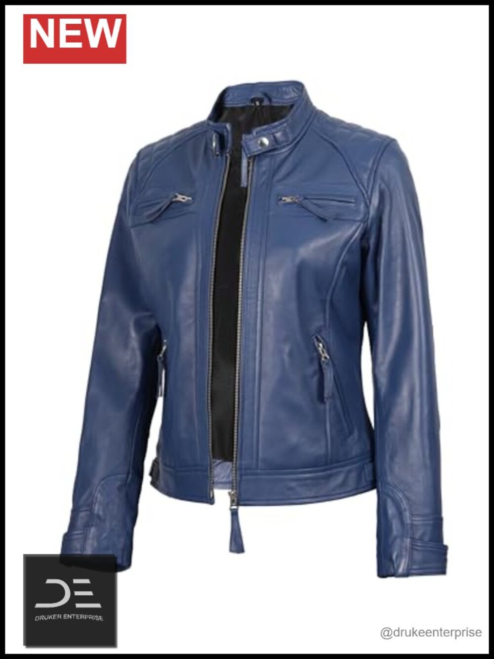 Women's Real Lambskin Leather Moto Jacket Quilted Cafe Racer Zip Up Biker Coat